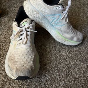 New Balance White and Light Blue Running Shoes